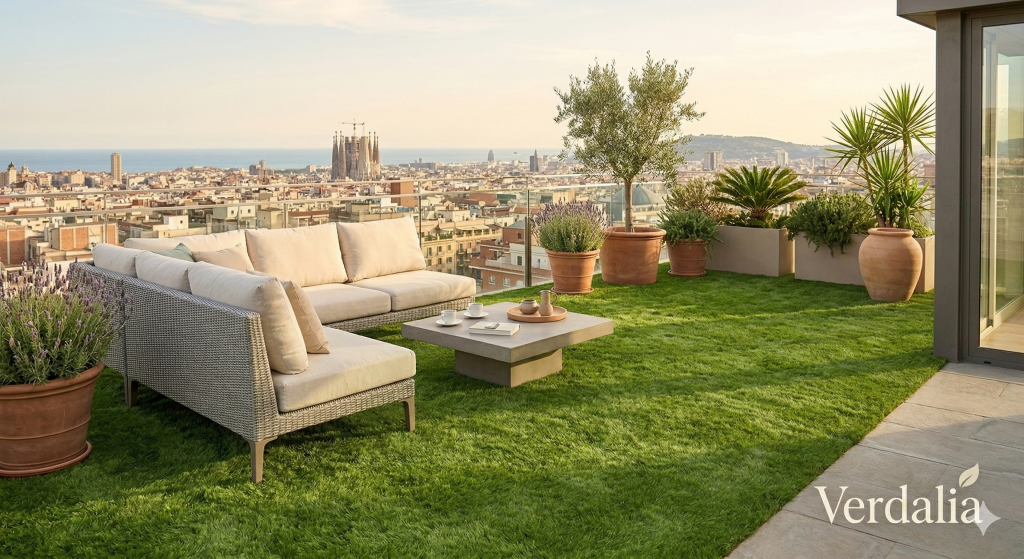 Àtic impressionant amb gespa artificial Verdalia, mobiliari d'exterior i vistes a la ciutat de Barcelona.