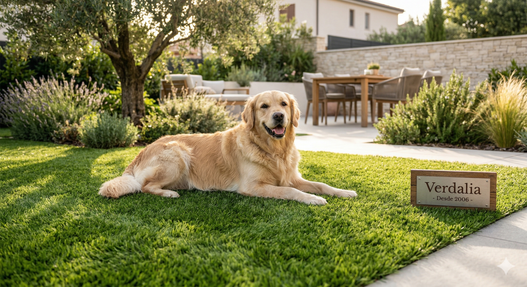 Perro feliz descansando sobre césped artificial de alta calidad Verdalia en un jardín residencial limpio y seguro.