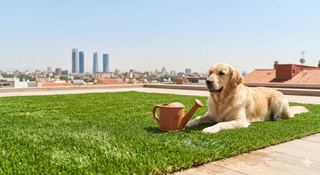 Césped artificial en terraza de Madrid con perro y vistas al skyline