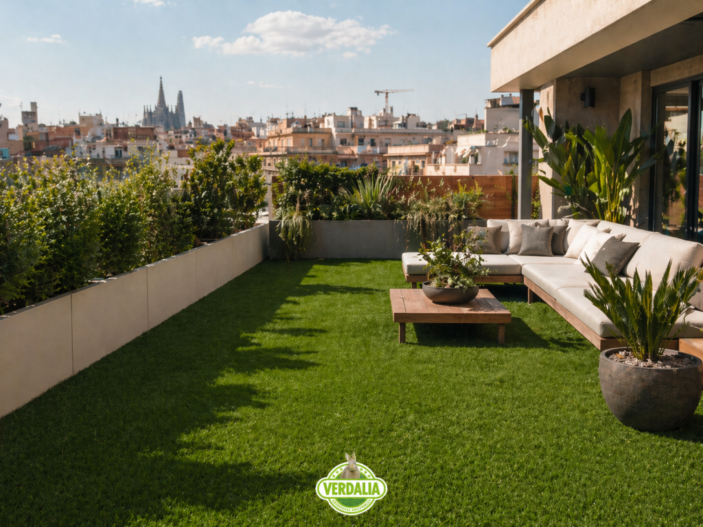 Gespa artificial en un terrat de Barcelona amb vistes a la Sagrada Família