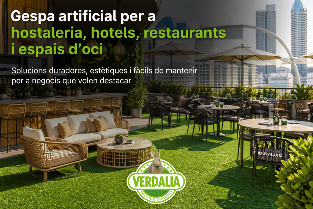 Gespa artificial en una terrassa d'hotel amb zona lounge i vistes a la ciutat