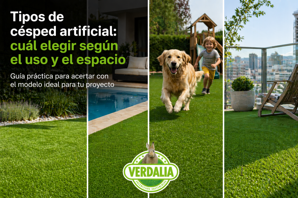 Tipus de gespa artificial segons l’ús i l’espai: jardí, piscina, zona amb mascotes i terrassa/àtic.