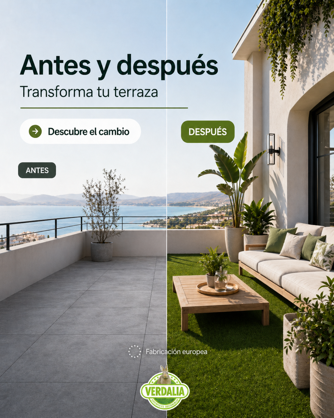 Terraza transformada con césped artificial Verdalia: antes y después