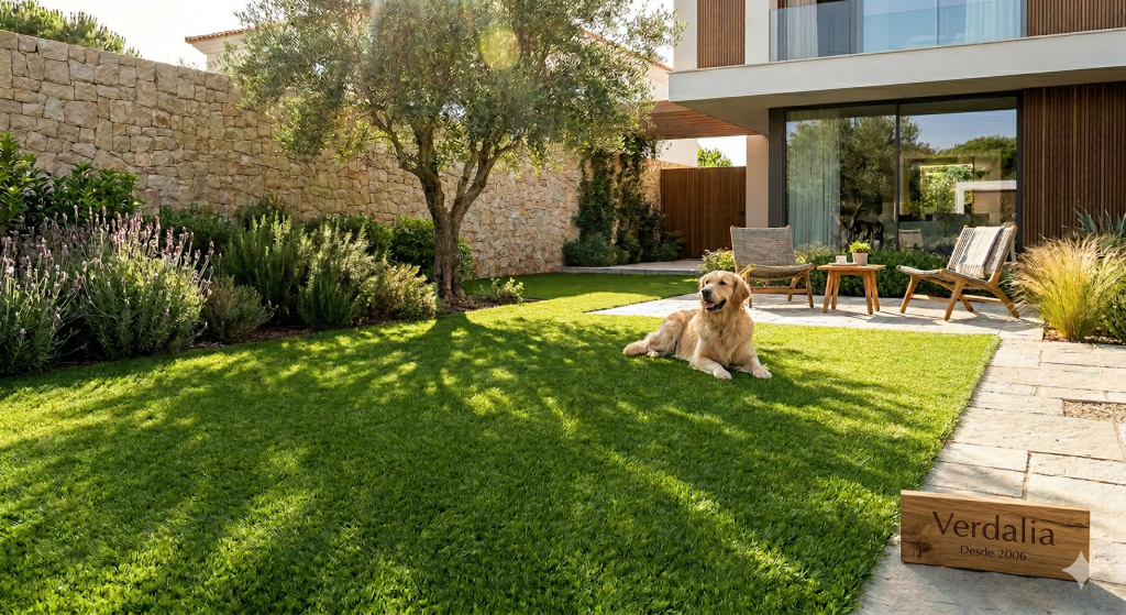 Gos descansant sobre gespa artificial d'alta qualitat en un jardí modern amb un oliver i un rètol de fusta de Verdalia.
